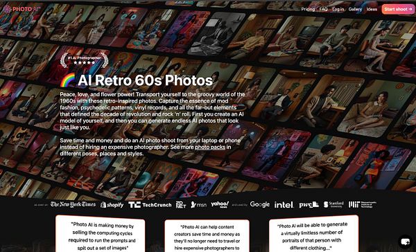 The image features a promotional layout for AI-generated retro-themed photo packs from the 1960s.