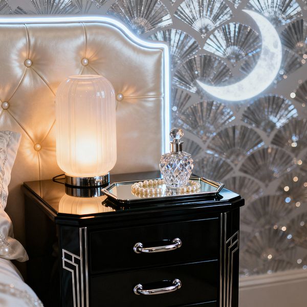Close-up of a vintage glam bedroom nightstand vignette: a pearl-toned, button-tufted headboard outlined with a subtle LED strip sits beside a black lacquer nightstand with chrome handles and geometric inlay. On top, a ribbed frosted-glass lamp glows warmly next to a beveled mirrored tray holding a cut-crystal perfume bottle and a strand of pearls. The wall behind features metallic silver Art Deco fan wallpaper and a glowing crescent moon motif.