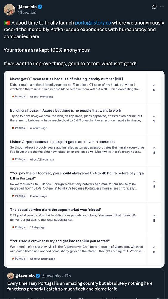 A tweet announcing the launch of portugalstory.co, featuring user-submitted experiences with bureaucracy in Portugal.