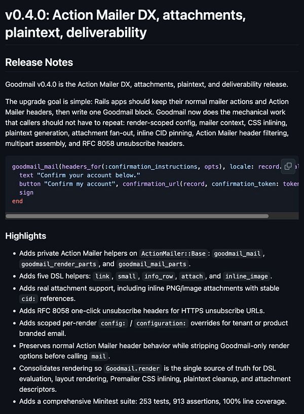 Documentation screenshot of the Goodmail library's API for sending email with JSON-based instructions including attachments and unsubscribe headers.