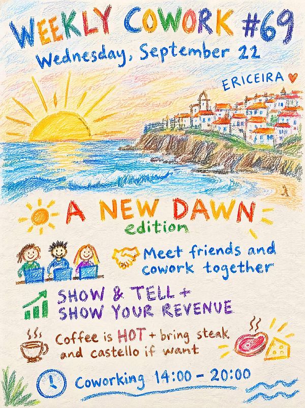 Colorful hand-drawn flyer for the 69th weekly coworking event on Wednesday, September 22 in Ericeira, featuring a seaside sunrise illustration and event details.