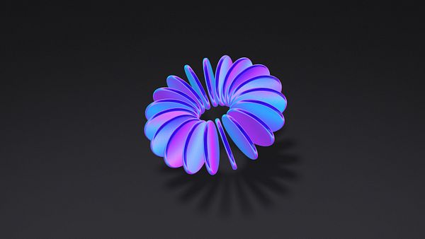 A vibrant, abstract 3D shape with a gradient of purple and blue colors against a dark background.