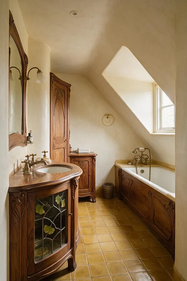 A compact master bathroom with a warm Art Nouveau aesthetic, featuring carved wooden vanity and bathtub panels, an ornate framed mirror, brass fixtures, and a tiled floor in golden earth tones. Soft cream walls and a sloped ceiling with a window create a calm, light-filled atmosphere.