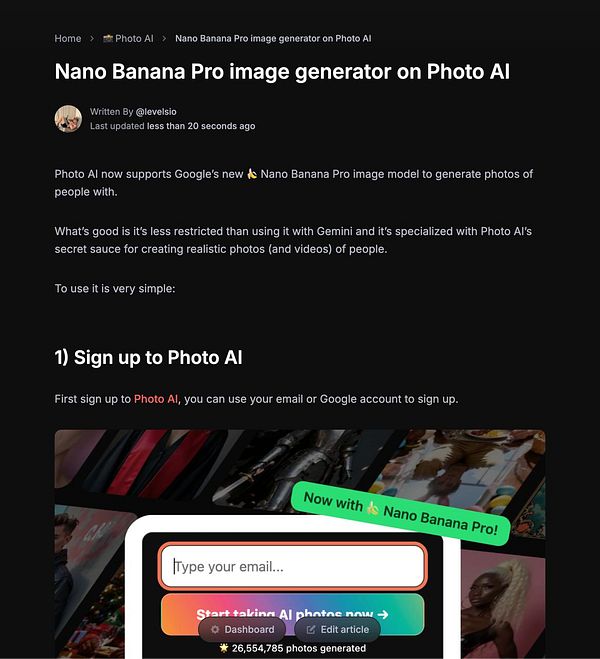 The image features a webpage promoting the Nano Banana Pro image generator on Photo AI.