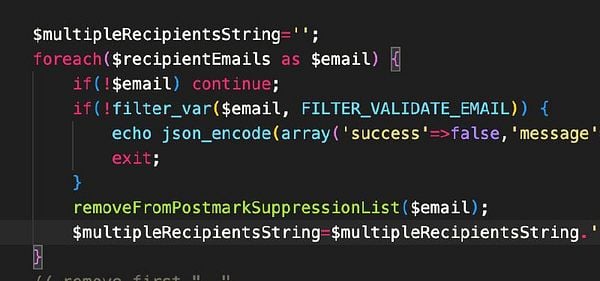 The image displays a snippet of PHP code related to email processing.