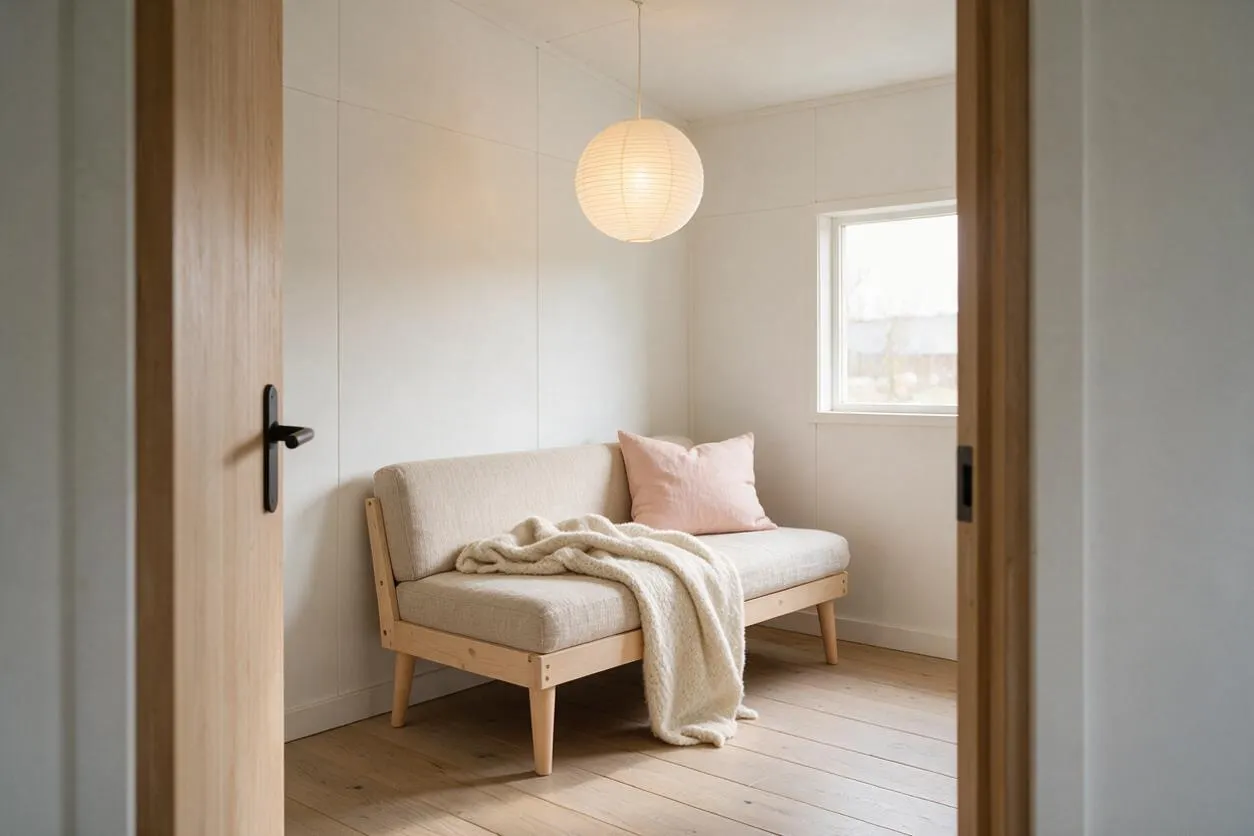 A small Scandinavian-style front porch or entry nook with white paneled walls, a light wood bench with beige upholstery, a soft pink cushion, and a cream throw blanket. A paper pendant light hangs overhead, and a small window brings in natural light over pale wood plank flooring.