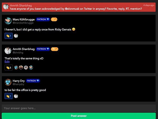 A screenshot of a discussion thread on a social media platform regarding acknowledgments from Elon Musk on Twitter.