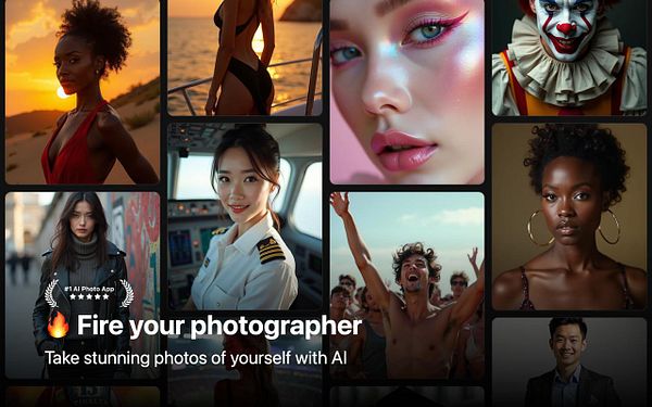 A collage of diverse portraits showcasing various individuals and styles, promoting an AI photo app.