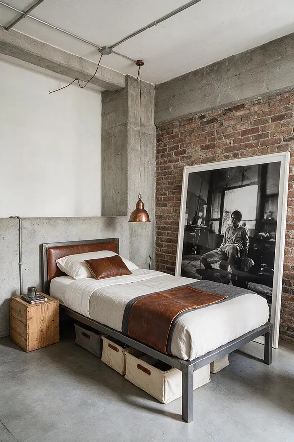 A master bedroom with industrial design features a metal platform bed dressed in white bedding, a brown leather headboard and bench-style cover, and a copper pendant light hanging overhead. Exposed brick, raw concrete walls, a polished concrete floor, a rustic wood nightstand, and a large black-and-white framed photograph complete the rugged, minimalist space.