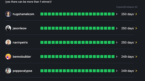 A leaderboard displaying participants' progress in a 250-day challenge.