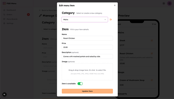 A user interface for editing a menu item in a food and beverage management application.