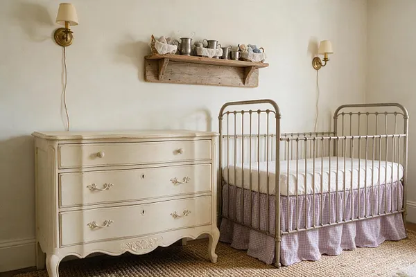 A French Country nursery features a distressed cream dresser beside a vintage-style iron crib with a white mattress and lavender gingham skirt. The room has warm white walls, brass wall sconces, a rustic wood shelf with small metal pitchers, and a woven natural fiber rug.
