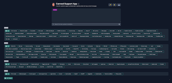 The image displays the interface of the Canned Support App, showcasing various preset responses for customer support tasks.
