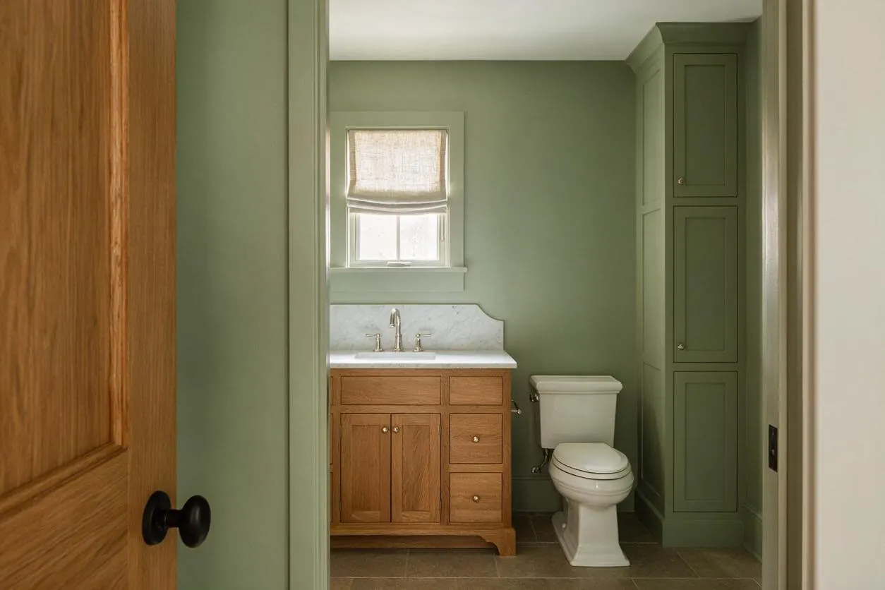 A transitional powder room with sage green walls, a natural oak vanity, and a white marble-look backsplash under a small window with a woven shade. A white toilet sits beside a tall matching sage built-in cabinet, and the room is finished with warm tile flooring and simple brass-toned hardware.