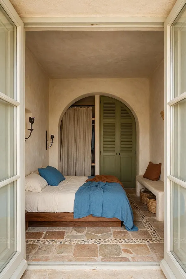 A cozy Mediterranean-style bedroom seen through open French doors, featuring a low wooden bed with white linens and a blue throw, plaster walls, an arched niche with sage green shutters, and a built-in bench with woven baskets. The room has stone tile flooring and wrought iron wall sconces, creating a warm, rustic atmosphere.