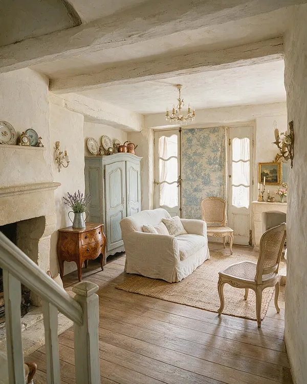 A cozy French Country basement sitting room with whitewashed plaster walls, exposed ceiling beams, and warm wood plank flooring. The space includes a slipcovered white sofa, cane-back chairs, a pale blue armoire, a stone fireplace, and soft cream and blue accents with natural light filtering through tall windows.