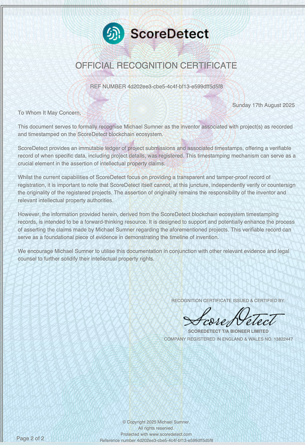 The image is an official recognition certificate from ScoreDetect acknowledging Michael Sumner as the inventor associated with specific projects.