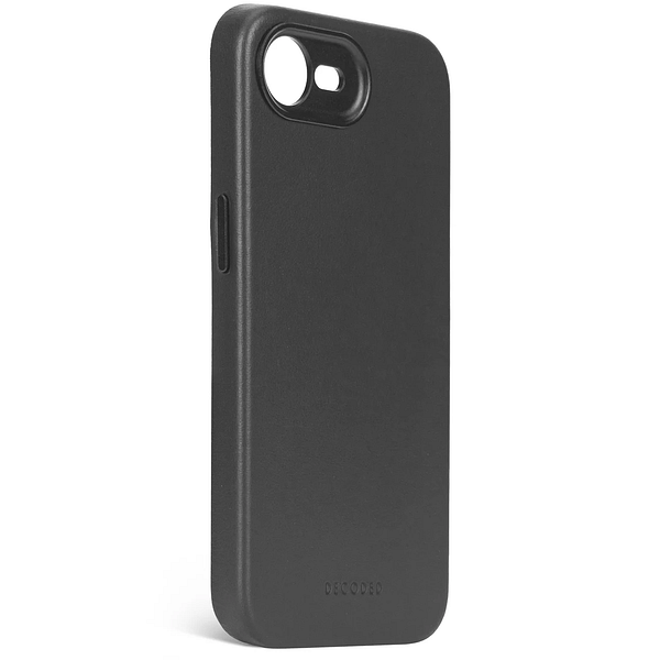 Top-down view of a brown leather phone case on a wooden surface next to a black Sharpie marker.