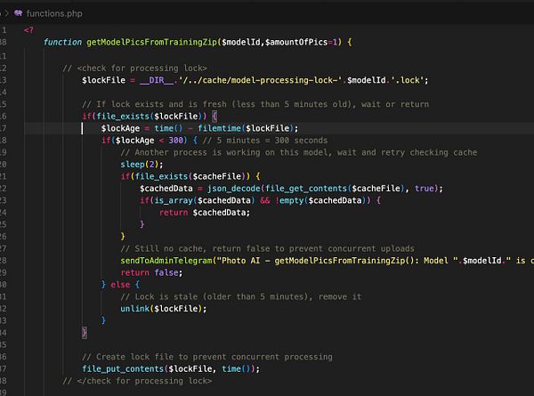 The image displays a snippet of PHP code related to handling race conditions when processing training images from a ZIP file.