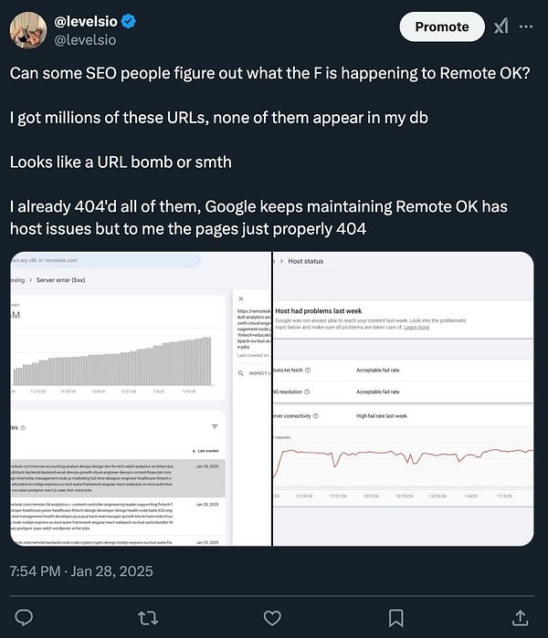 A Twitter post discussing SEO issues related to Remote OK, featuring screenshots of Google Search Console data.