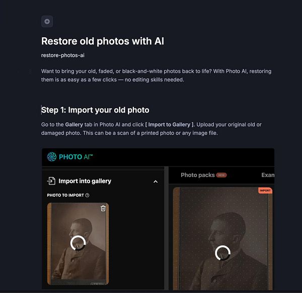 The image displays a user interface for the Photo AI application, focusing on the process of importing old photos for restoration.