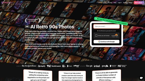 The image features a promotional webpage for AI-generated retro-themed photos from the 60s to the 90s.