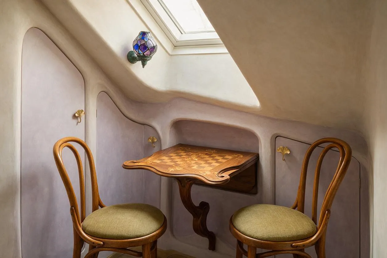 A small Art Nouveau game room nook under a sloped ceiling features a built-in wooden chess table with a carved pedestal base and two bentwood chairs with green upholstered seats. Soft mauve wall panels, brass floral hardware, and a stained-glass wall sconce create a warm, whimsical atmosphere.
