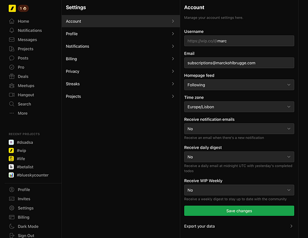 The image displays a settings page for a user account on a dark-themed interface.