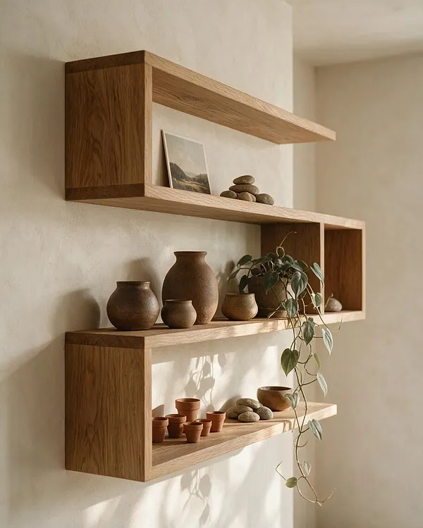 A warm biophilic wall vignette with three floating oak shelves on a textured beige wall. The shelves display small clay vessels, stacked stones, a framed landscape image, and a trailing green plant that cascades downward, creating an earthy, calm composition.