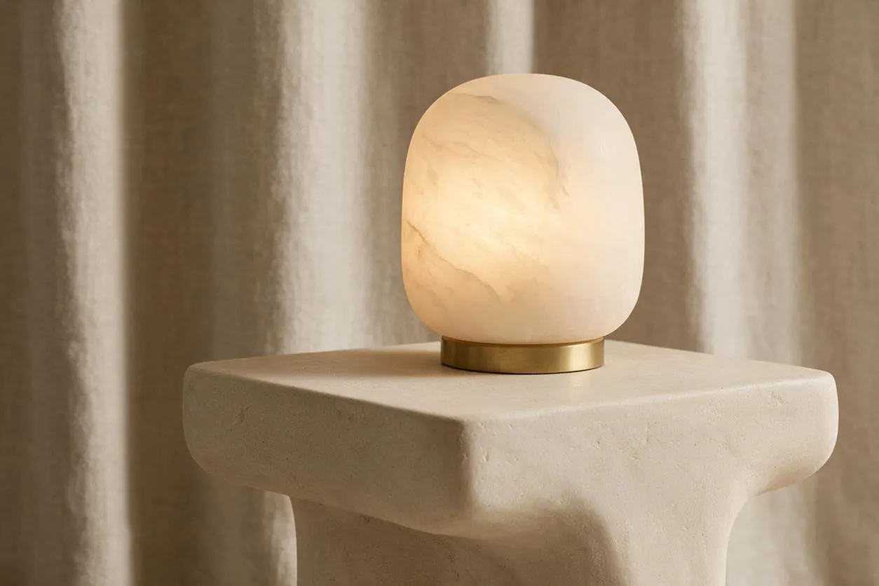 A small organic modern lamp with a softly glowing alabaster or marble-like shade sits on a sculpted beige pedestal. The warm light, rounded form, and muted neutral backdrop create a calm, refined atmosphere.