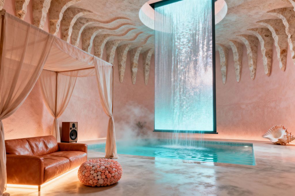 A surreal media room centers on a turquoise indoor pool facing a luminous, waterfall-like screen that drops from a circular ceiling oculus. Blush plaster walls and a cave-inspired ceiling with sculpted stalactite ribs surround a cognac leather sofa under a sheer canopy, a coral bubble ottoman, a wood-cased speaker, and a large conch shell. Warm perimeter LEDs and under-sofa lighting cast a soft glow while mist drifts at the water’s edge.