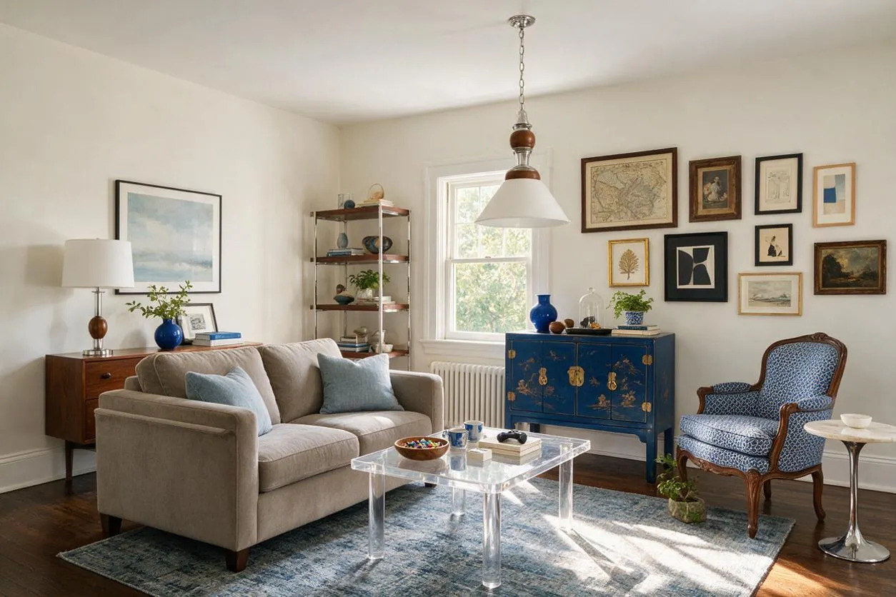 A bright eclectic game room with a beige sofa, acrylic coffee table, blue patterned armchair, and a vivid blue painted cabinet beneath a gallery wall of mixed framed art. Natural light enters through a window, highlighting dark wood floors, a muted blue rug, and a mix of vintage and modern furnishings.