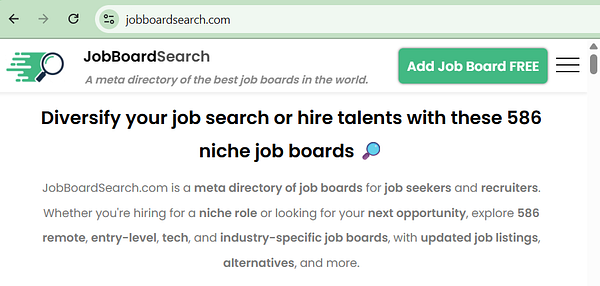 The image displays a webpage for JobBoardSearch, a directory of job boards.