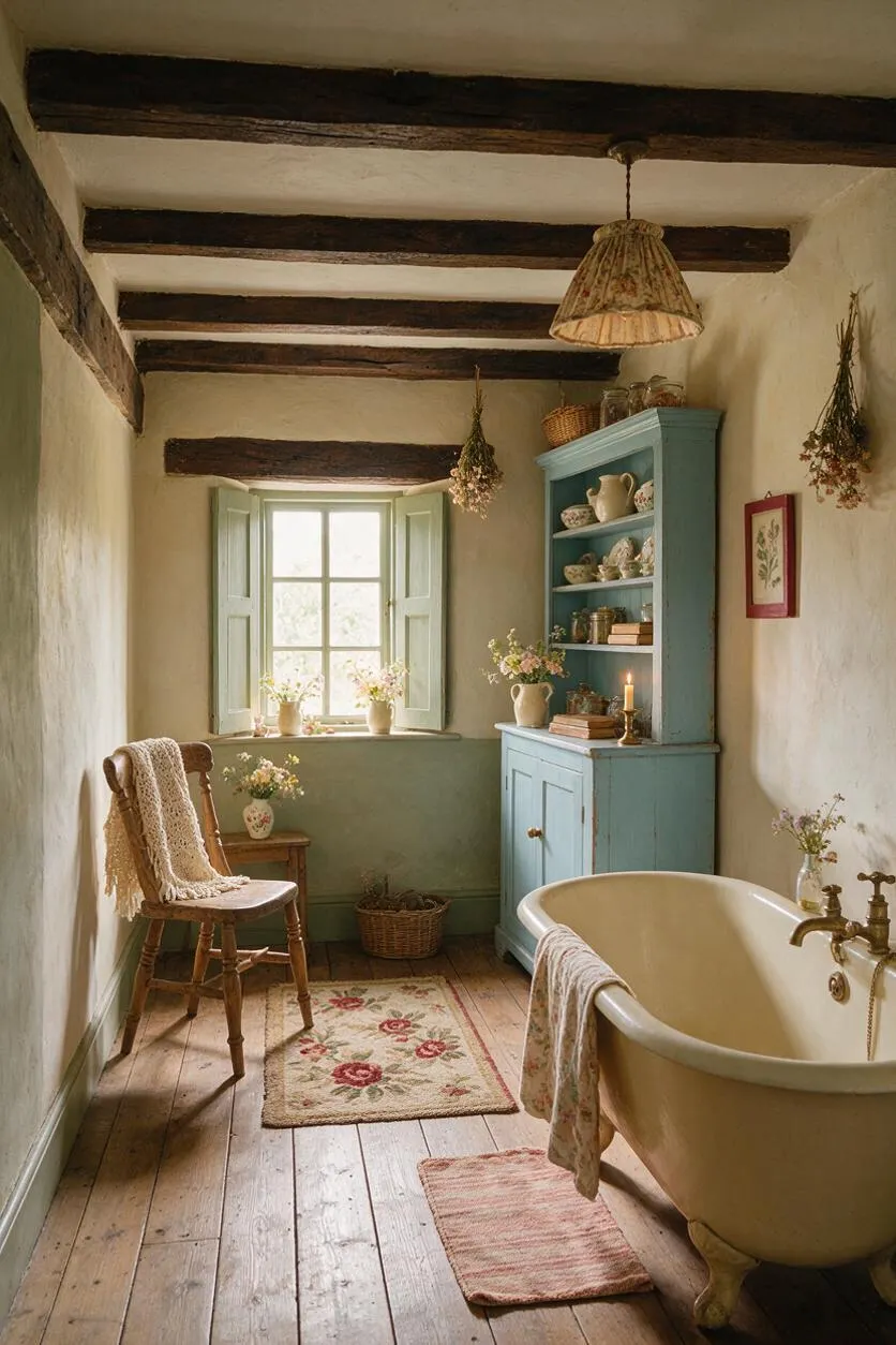 A cozy cottagecore bathroom with exposed dark wood ceiling beams, cream plaster walls, and a pale blue cabinet beside a window with mint shutters. A freestanding cream bathtub, wooden chair with knitted throw, floral rugs, and dried flowers create a soft, vintage farmhouse feel.