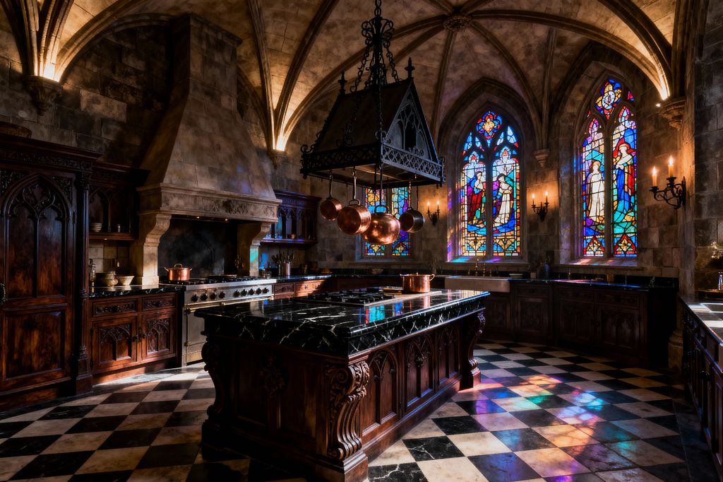Grand Gothic kitchen with a rib-vaulted stone ceiling, pointed stained-glass windows, and candle-style wall sconces. A large carved dark-wood island with a black marble countertop anchors a checkerboard black-and-white marble floor, while a wrought-iron chandelier pot rack holds copper pans above, and carved cabinetry with tracery panels flanks a monumental limestone range hood and professional stainless range, with colored window light reflecting across the countertops.