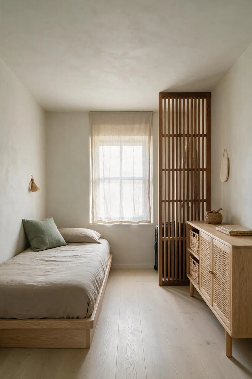 A narrow Japandi-style bedroom with a low wooden platform bed dressed in beige bedding and a muted green pillow, set against soft white walls and pale wood flooring. A sheer curtain filters daylight at the center window, while a tall slatted oak room divider and a woven-front storage cabinet add warmth and texture on the right.