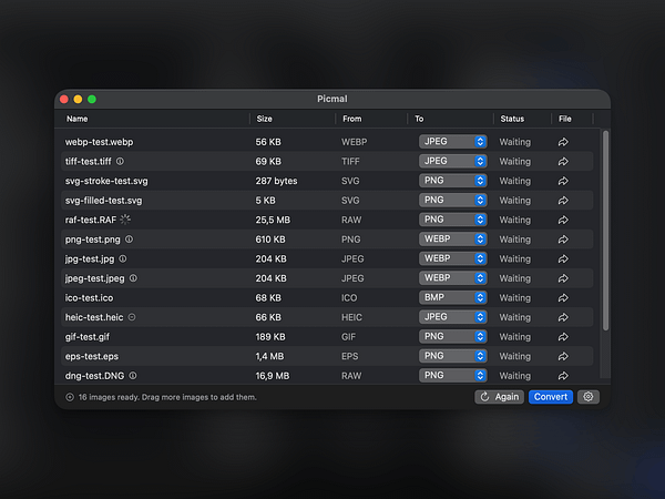 The image displays the Picmal application interface showing a list of image files ready for conversion.