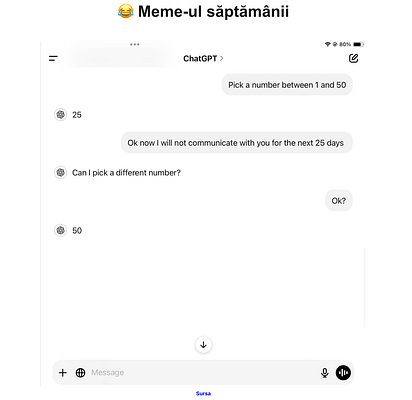 A humorous chat interaction with ChatGPT about picking a number.
