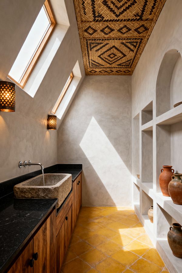 A narrow Moroccan-inspired laundry room with smooth tadelakt plaster walls and a black stone countertop over natural wood cabinetry. A rough-hewn stone trough sink sits beneath a wall-mounted faucet, while skylights and perforated metal sconces cast patterned light. The floor is ochre terracotta laid diagonally, the ceiling features woven palm with geometric motifs, and arched plaster niches display earthy terracotta jars.