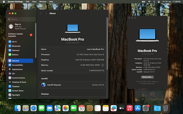 Screenshot of a MacBook Pro mid 2012 desktop running macOS Sequoia with a colorful space-themed wallpaper and visible dock icons.