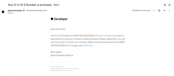 Screenshot of an Apple Developer webpage focused on the D-U-N-S Number verification section for an organization.