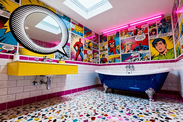 A bathroom in Pop Art style features comic-strip wallpaper on the upper walls and a round mirror framed like a speech balloon. A glossy yellow floating vanity with a chrome faucet faces a cobalt blue claw-foot bathtub set on multicolored terrazzo flooring; white subway tiles with a magenta border line the lower wall. Pink LED tube lighting and two skylights illuminate the saturated colors and polished chrome details.