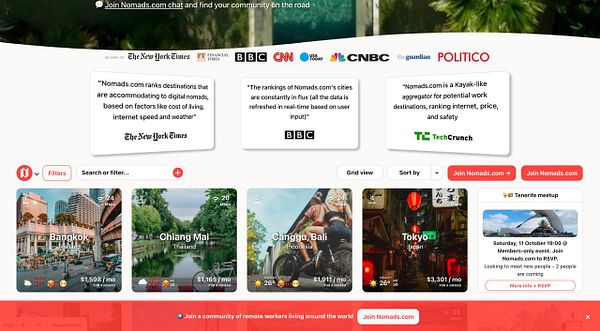 The image displays a webpage from Nomads.com featuring various digital nomad destinations with pricing and internet speed information.