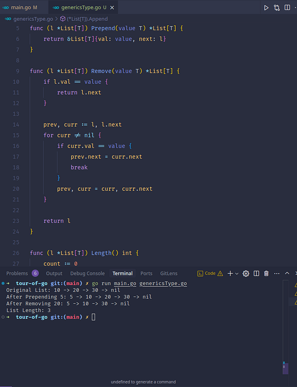 The image displays a code editor interface showing Go programming code and terminal output.