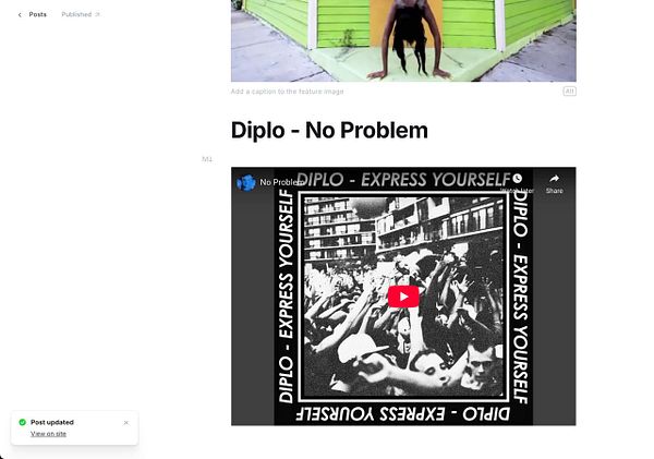 The image displays a blog post interface featuring a video embed for Diplo's song 'No Problem'.