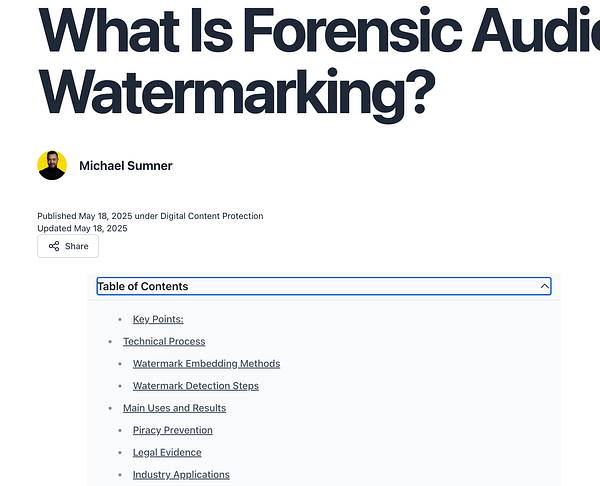 The image displays a blog post titled 'What Is Forensic Audio Watermarking?' with author details and a table of contents.