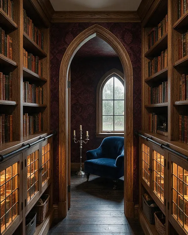 A narrow Gothic-style basement library with tall wooden bookcases lining both sides of a dark hallway. An arched doorway frames a velvet blue armchair, a silver candelabra, and a pointed-arch window, with warm cabinet lighting glowing beneath the shelves.