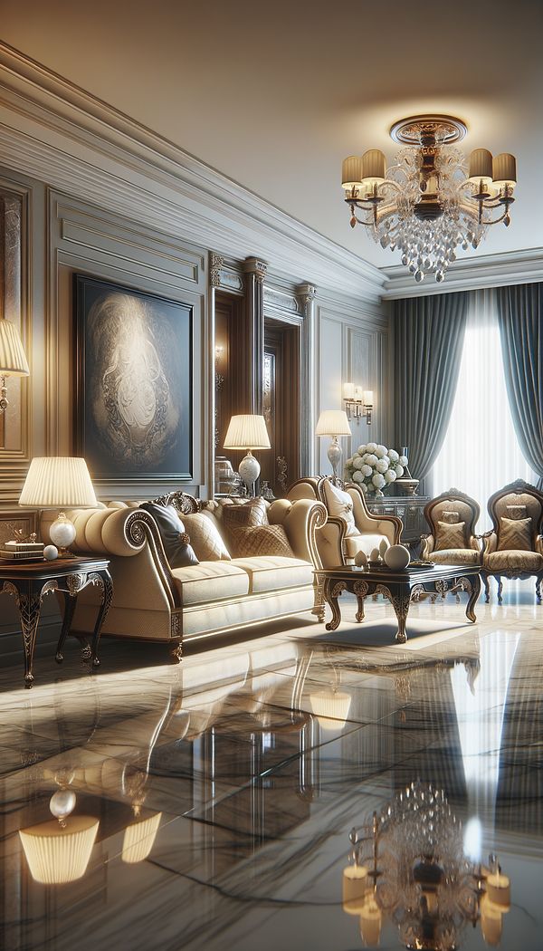 An elegant living room showcasing Italian Finishing, with polished marble floors, intricate woodwork on furniture, and sophisticated decorative elements adding to the overall luxurious atmosphere.