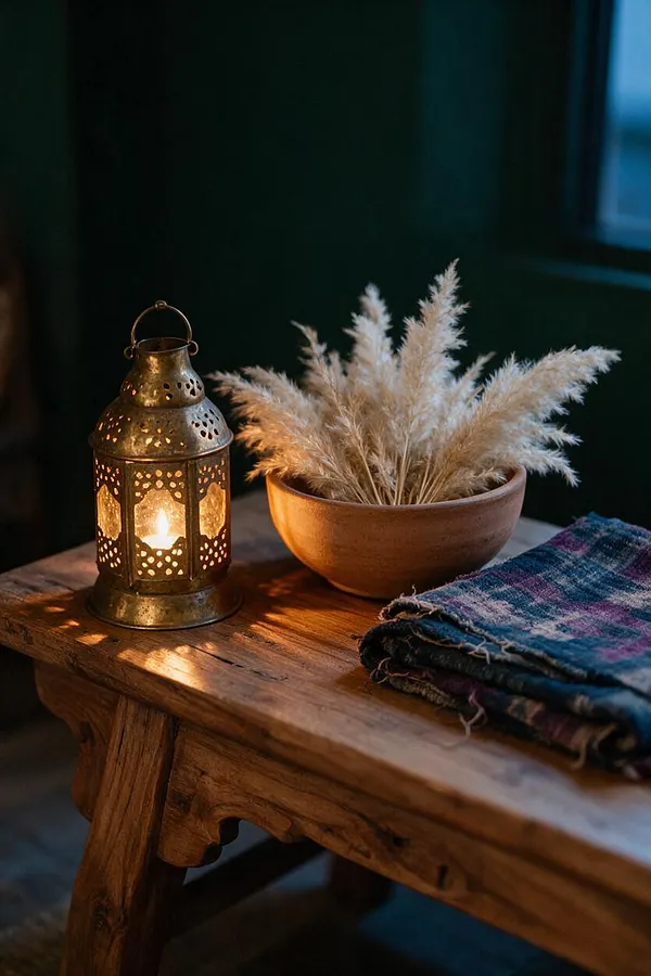 A rustic wooden bench holds a pierced brass lantern glowing with candlelight, a terracotta bowl filled with pampas grass, and a folded plaid textile. The dark wall and moody light create a warm, intimate bohemian vignette.