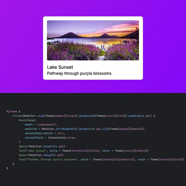 The image features a scenic landscape of a lake at sunset, accompanied by code snippets for theming functionality.